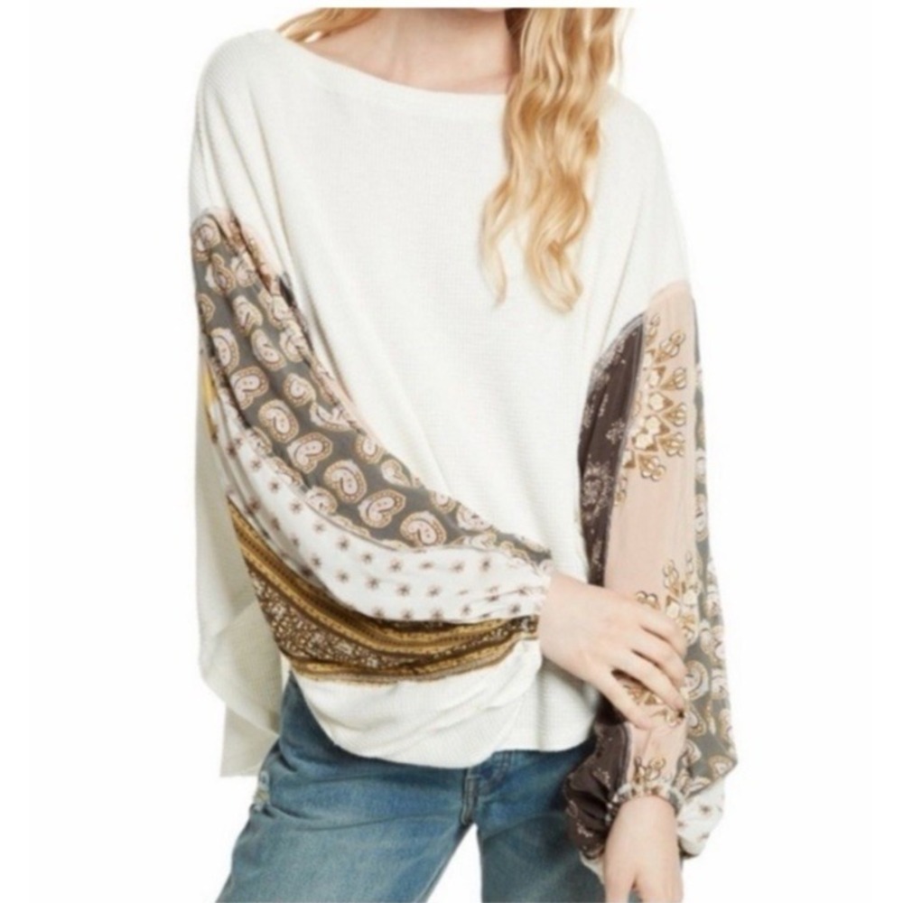 We The Free People Thermal Top Sz M Ivory Bandana Patchwork Balloon Sleeve Boho